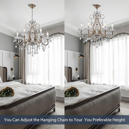 Bestier Antique Silver Vintage Candle Chandelier Crystal Lighting Fixture Lamp for Dining Room Bathroom Foyer Livingroom 6 E12 Bulbs Required D24 in x H26 in