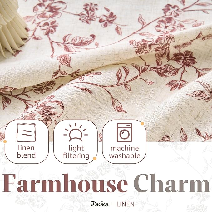 jinchan Floral Kitchen Curtains 24 Inch Linen Tier Curtains Farmhouse Cafe Half Window Drapes Over Sink Light Filtering for Living Room Laundry RV Rod Pocket 2 Panels Maroon Red on Beige