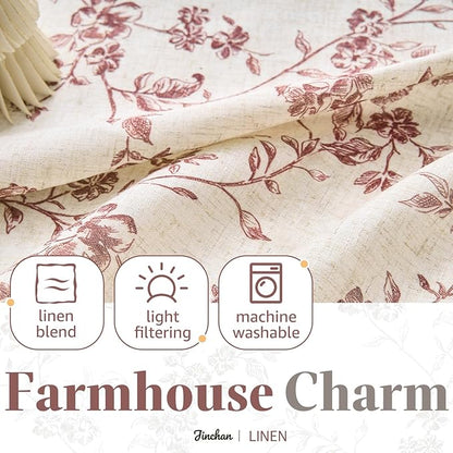 jinchan Floral Kitchen Curtains 24 Inch Linen Tier Curtains Farmhouse Cafe Half Window Drapes Over Sink Light Filtering for Living Room Laundry RV Rod Pocket 2 Panels Maroon Red on Beige