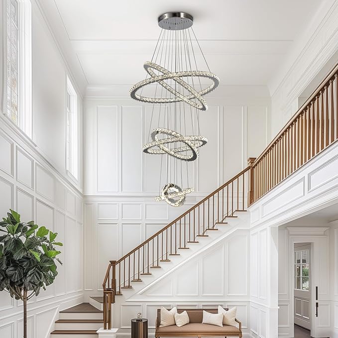 Siljoy Modern Crystal Chandelier Lighting, 6 Ring Chandelier LED Ceiling Lights Fixtures with 3-Color, High Ceiling Foyer Chandeliers for Living Room Dining Room Staircase, D8-12-16-20-24"-28"