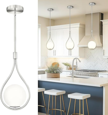AUTELO Modern Pendant Lights Kitchen Island, 1-Light Pendant Lights in Brushed Nickel Finish with Milky White Globe Glass, Nickel Pendant Light Fixtures, Hanging Lamp for Kitchen Island H9377 MGST