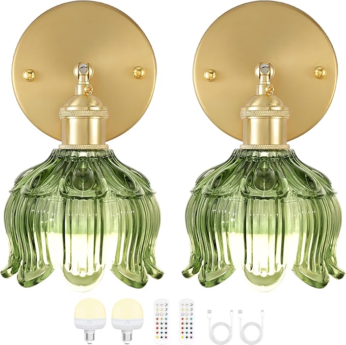 Wireless Wall Sconce with Flower lampshade, Battery Operated Wall Lights,Wall lamp with 15 Colors for Bedroom Living Room Home Decor (Green, 2 Light Battery Operated)