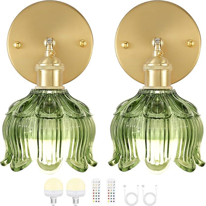 Wireless Wall Sconce with Flower lampshade, Battery Operated Wall Lights,Wall lamp with 15 Colors for Bedroom Living Room Home Decor (Green, 2 Light Battery Operated)