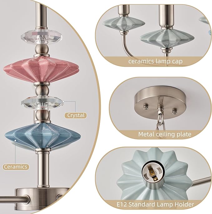 Brushed Nickel Chandeliers for Dining Room Light Fixture ，with Blue Green Ceramic Art Deco Chandelier, Modern Retro Candle Chandelier,Farmhouse Chandelier for Girls Bedroom，Living Room,Foyer