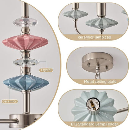 Brushed Nickel Chandeliers for Dining Room Light Fixture ，with Blue Green Ceramic Art Deco Chandelier, Modern Retro Candle Chandelier,Farmhouse Chandelier for Girls Bedroom，Living Room,Foyer