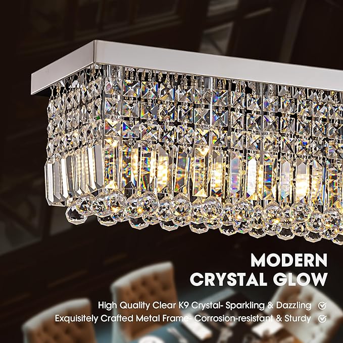 Modern Crystal Chandeliers for Dining Room Light Fixture, 8-Light Rectangle Chandelier Ceiling Light for Kitchen Island Living Room, L39.4 Inch, Chrome Finish