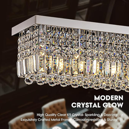 Modern Crystal Chandeliers for Dining Room Light Fixture, 8-Light Rectangle Chandelier Ceiling Light for Kitchen Island Living Room, L39.4 Inch, Chrome Finish