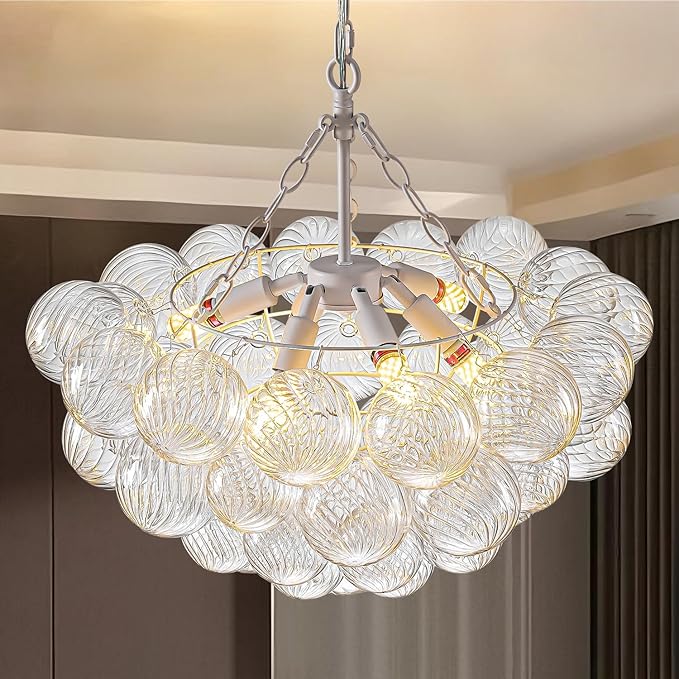 Hand Blown Glass Bubble Ball Chandelier White Finish 24" Pendant Light Fixture Art Deco Cluster Swirled Ribbed Glass Globe Lighting for Bedroom Dining Room Bedroom Bathroom Entry