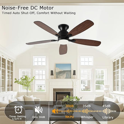 NKPU 52inch Low Profile Ceiling Fan with Light and Remote/APP Control,Reversible DC Motor,Noiseless,Dimmable,Modern Flush Mount Ceiling Fan for Bedroom,Indoor/Outdoor Use(Brown)