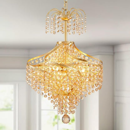 WUZUPS Golden-Hued Crystal Chandelier Pendant Flushmount Ceiling Light Modern Lighting Fixture for Bedroom Hallway Bar Kitchen Bathroom, H 20.1" x W 14.7", Gold, G9 Base