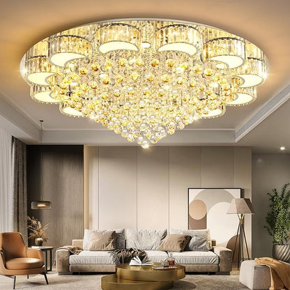 47" Silver Modern Crystal Chandeliers for Dining Room LED Dimmable Light Fixtures Flush Mount Light Living Room Bedrooms