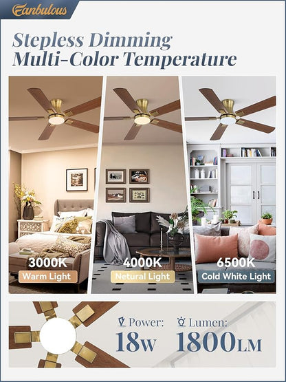 Fanbulous 52 inch ceiling fan with light, Low Profile Ceiling Fan with Light, App&Remote Control, Dimmable LED Light, Flush Mount Ceiling Fan for Indoor Bedroom Living Room, Qiuet DC Motor