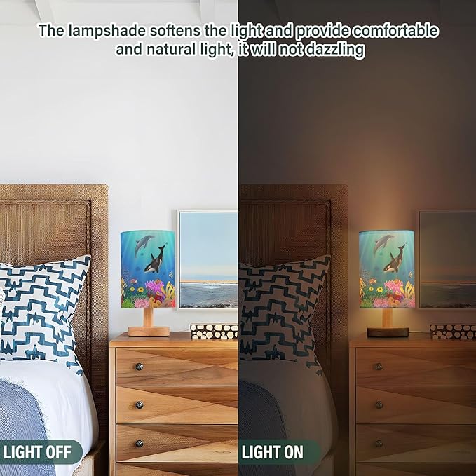 Table Lamp Cartoon Dolphin Killer Whale Sea Fish Coral Underwater in Ocean Nightstand Lamp with Wood Base Fabric Lamp Shade Bedside Desk Lamp for Living Room Bedroom Kids Room Office