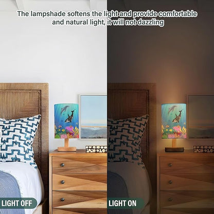 Table Lamp Cartoon Dolphin Killer Whale Sea Fish Coral Underwater in Ocean Nightstand Lamp with Wood Base Fabric Lamp Shade Bedside Desk Lamp for Living Room Bedroom Kids Room Office