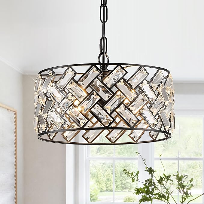 CATINER Small Black Crystal Chandelier 12", Modern 4-Light Ceiling Light, Semi Flush Mount or Hanging Pendant with Adjustable Height for Kitchen Island, Entryway, Hallway