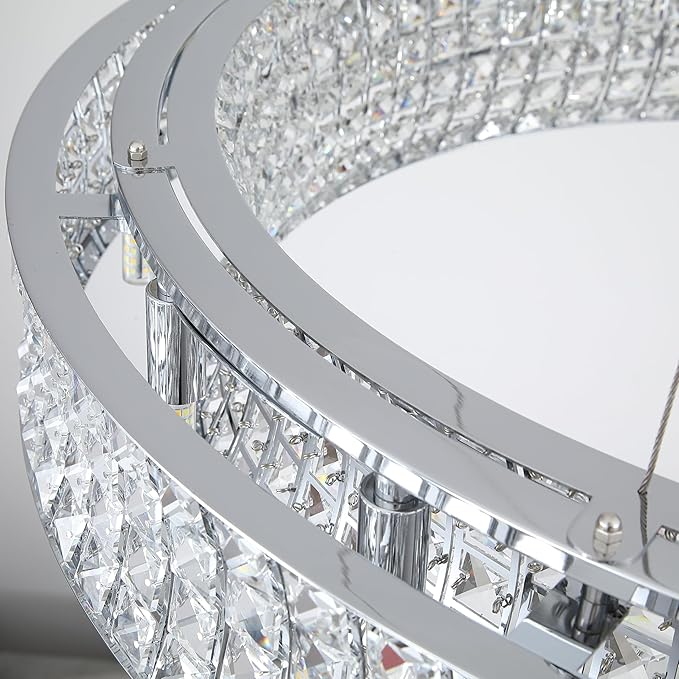 Modern Crystal Chandelier Round 20-Light Contemporary Hanging Ceiling Light Fixture Chrome Finish with Clear Rectangular Crystals Dining Room Living Room Bedroom Entryway Lighting Easy Install 39''