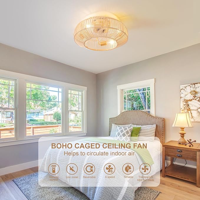 20'' Boho Rattan Ceiling Fan with Light, Coastal Caged Ceiling Fans with Lights and Remote Control, Enclosed Hidden Flush Mount with Reversible 6 Speeds for Living Room Bedroom Nursery