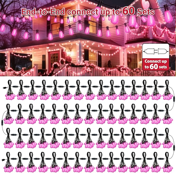 LAMPHOME 4-Pack 26Ft ST38 Outdoor String Lights, Pink LED Shatterproof Patio Lights with 12+1 Edison Bulbs for Valentine's Day, Christmas, Bistro, Wedding & Party Decor