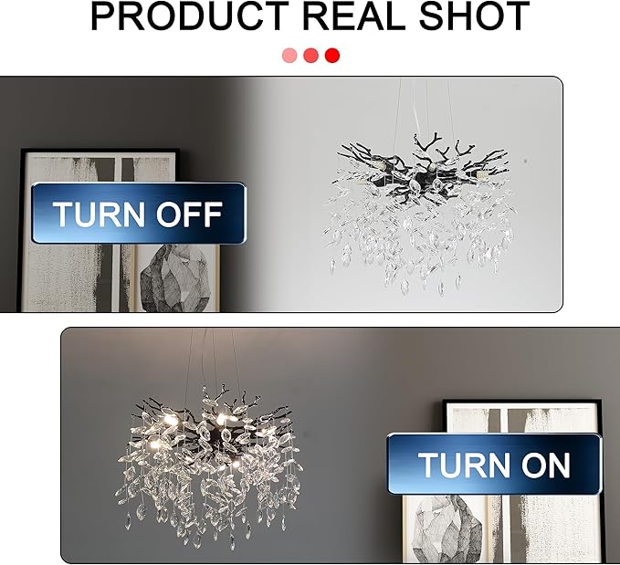 Modern Crystal Tree Branches Chandelier, 18in Black 6 Lights Large Ceiling Hanging Light for Dining Room, Round Raindrop Pendant Light Fixture