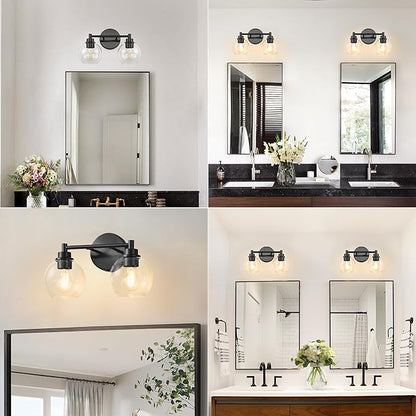 Black Bathroom Vanity Lights, 2-Light Wall Sconce with Glass Globe Shade, Vanity Lighting for Bathroom/Bedroom/Dressing Room, Vertical/Horizontal Mounted, E26 Bulb Base (Bulb Not Included)