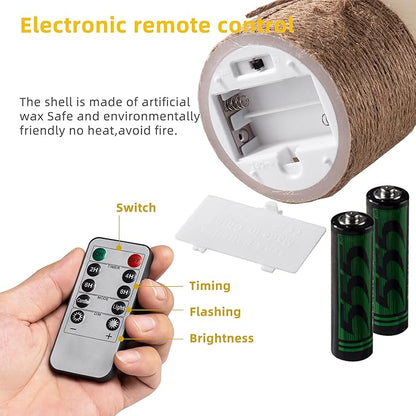 AKU TONPA Flameless Candles Battery Operated Pillar Real Wax Electric LED Candle Gift Set with Remote Control and Timer, 4" 5" 6" Pack of 3, Ivory Wax with Hemp Rope
