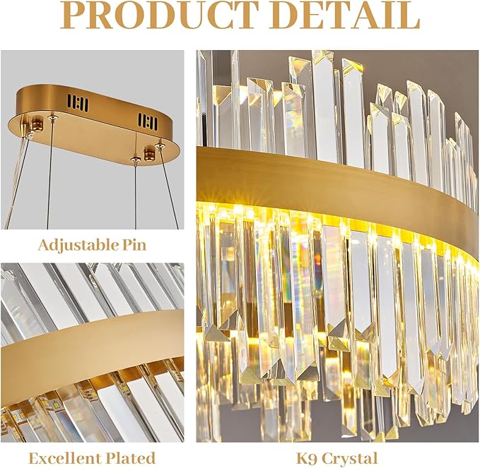 39.3" Dimmable Rectangle LED Crystal Chandeliers,Gold Chandelier Light, 3 Colors Contemporary Pendant Ceiling Light for Dining Room Living Room Kitchen Island Entryway Foyer ,With Remote Control