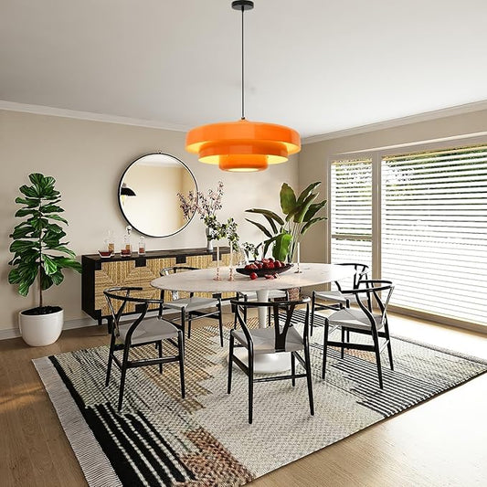 19.7" Large Mid Century Chandelier, 3-Tier Orange Metal Shade Pendant Light, Industrial Adjustable Ceiling Hanging Fixture for Dining Room, Hallway, Bedroom