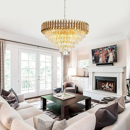 Large Crystal Chandelier 30" Modern Hanging Crystal Pendant, 6 Tiers K9 Crystal Ceiling 16 Lights Fixtures, Round Pendant Lighting Large Chandelier for Entryway Dining Room Staircase