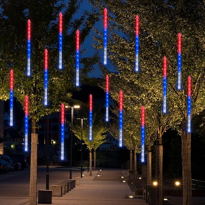 Dazzle Bright 4th of July Lights Decorations, 864 LED Red Blue and White Meteor Shower Rain Lights 12Inch 24 Tubes, Waterproof Plug in Falling Rain Light Independence Day for Outdoor Yard