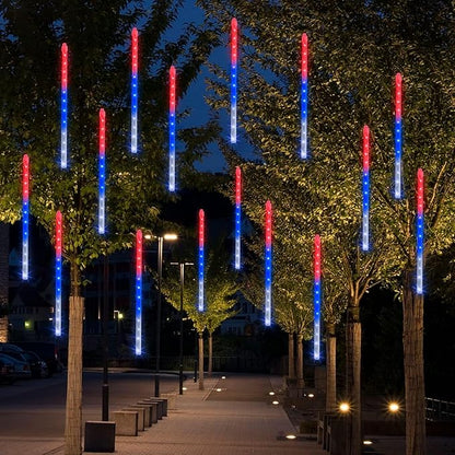 Dazzle Bright 4th of July Lights Decorations, 864 LED Red Blue and White Meteor Shower Rain Lights 12Inch 24 Tubes, Waterproof Plug in Falling Rain Light Independence Day for Outdoor Yard