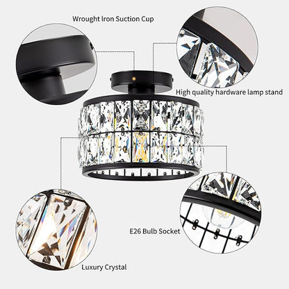 Rpzloila Crystal Ceiling Light Fixture, Modern Semi Flush Mount Ceiling Light,Crystal Chandelier for Kitchen Bedroom Bathroom Entryway, Black Finish