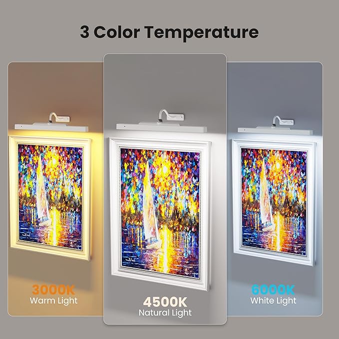 Picture Light with Remote - 16in White Rechargeable Battery Wall Light for Paintings, Cordless Wall Sconce for Art Painting & Photo Frames, 5000mAh with Timer, 350LM Brightness (3-Pack)