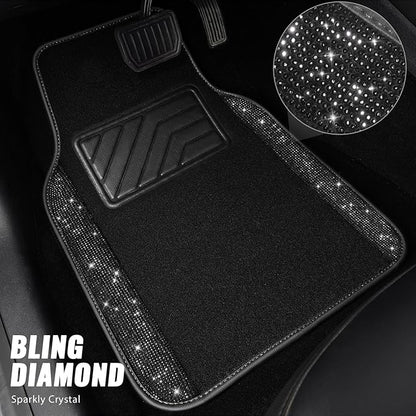 CAR PASS Bling Diamond Car Floor Mats, Sparkling Crystal Shining Glitter Rhinestone Carpet, Anti-Slip PVC Heel Pad Waterproof Universal for Automotive SUV,Sedan,Van,4pcs Girl Women Men Black Diamond