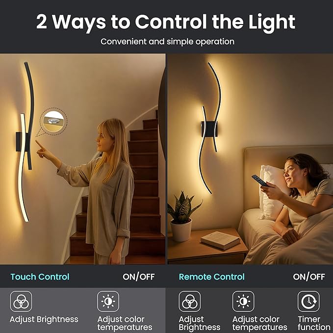 Battery Operated Wall Sconces Set of Two, 10000mAh Rechargeable Modern Wall Lights with Remote Control, Dimmable Black LED Cordless Lighting for Living Room, Bedroom, Hallway, 31.5 Inch, 3CCT