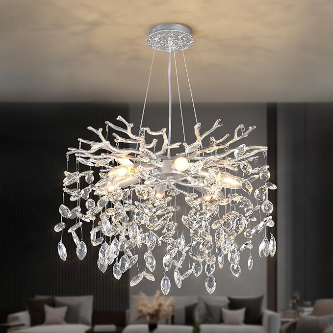 EGM 18-Inch Silver Crystal Chandeliers for Dining Room, Modern Crystal Chandelier for Bedroom, 6-Light Silver Tree Branch Chandelier for Living Room, Raindrop Leaf Chandeliers for Home Décor, E12