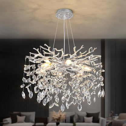 EGM 18-Inch Silver Crystal Chandeliers for Dining Room, Modern Crystal Chandelier for Bedroom, 6-Light Silver Tree Branch Chandelier for Living Room, Raindrop Leaf Chandeliers for Home Décor, E12