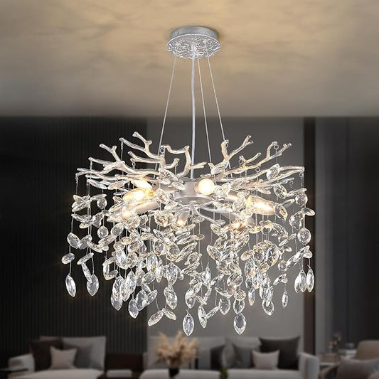 EGM 18-Inch Silver Crystal Chandeliers for Dining Room, Modern Crystal Chandelier for Bedroom, 6-Light Silver Tree Branch Chandelier for Living Room, Raindrop Leaf Chandeliers for Home Décor, E12
