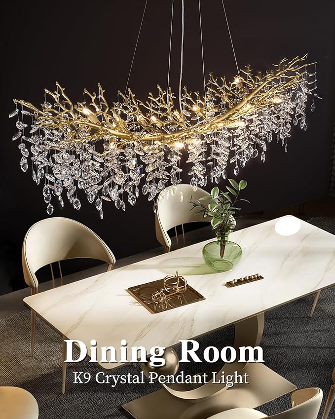 Modern Crystal Chandelier for Dining Room, 16-Light 55.12" Gold Tree Branch Chandeliers, Luxury K9 Crystal Rectangular Chandeliers for Kitchen Island Living Room