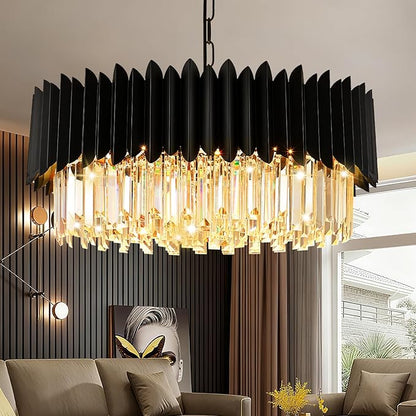 Modern Black Crystal Chandelier 24" 10-Light 5-Tier K9 Crystal Round Pendant Light Large Crystal Chandeliers for Dining Room Living Room Kitchen Island
