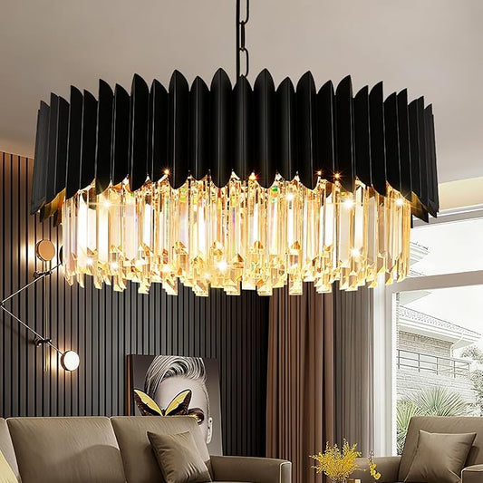 Modern Black Crystal Chandelier 24" 10-Light 5-Tier K9 Crystal Round Pendant Light Large Crystal Chandeliers for Dining Room Living Room Kitchen Island