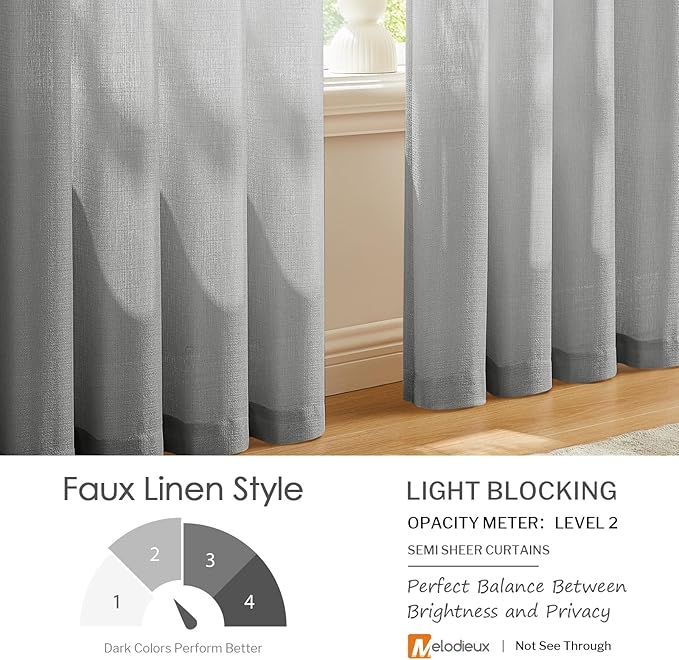 Melodieux Grey Semi Sheer Curtains 96 Inches Long for Living Room, Bedroom Faux Linen Texture Farmhouse Rod Pocket Shiny Sheer Curtains Drapes Light Filtering, 52" W x 96" L, 2 Panels