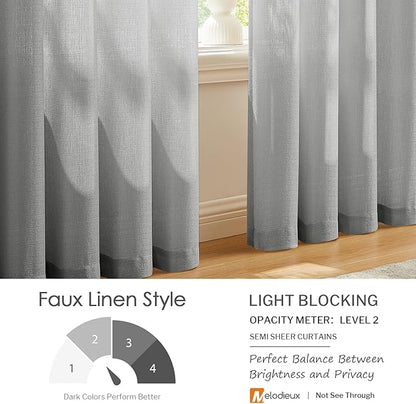 Melodieux Grey Semi Sheer Curtains 84 Inches Long for Living Room, Bedroom Linen Look Farmhouse Rod Pocket Shiny Sheer Curtain Drapes Light Filtering Home Office, 52" W x 84" L, 2 Panels