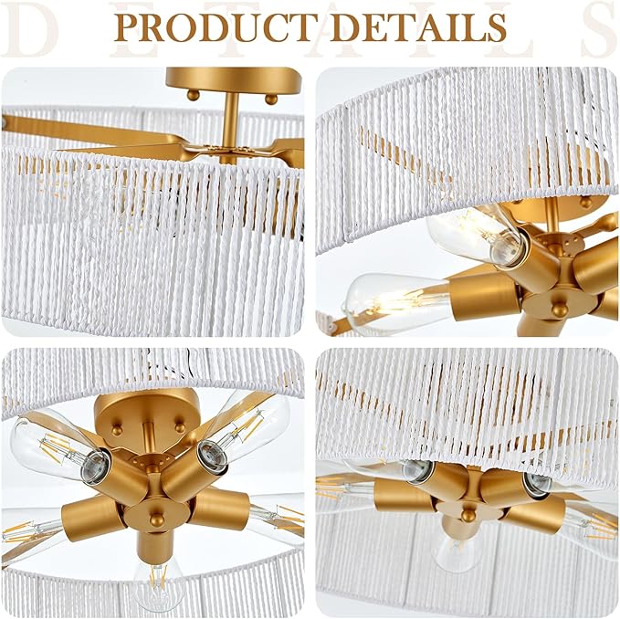 24” Boho Hand Woven Semi-Flush Mount Ceiling Light Brass 5-Lights White Chandelier for Bedroom Hallway Kitchen Island Porch Patio, UL Listed