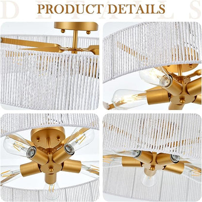 24” Boho Hand Woven Semi-Flush Mount Ceiling Light Brass 5-Lights White Chandelier for Bedroom Hallway Kitchen Island Porch Patio, UL Listed