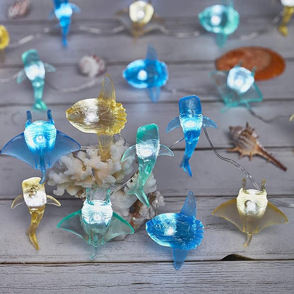 Nautical theme Sea Life Decorative Fairy String Lights, Whale Shark, Sunfish, Manta Ray Cute Novelty Marine Lights 30 LEDs 10 ft USB or Battery Operated for Bedroom Classroom Beach Aquarium Wall Decor