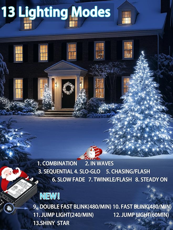 2-Pack 66FT 200 LED White Christmas String Lights Indoor Outdoor, Extendable Christmas Tree Lights with 13 Modes Twinkle Lights, Plug in Fairy String Lights for Xmas Tree Party Garden (Cool White)