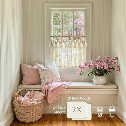 jinchan Floral Linen Kitchen Curtains with Attached Valance 24 Inch Length Farmhouse Cafe Tier Curtains for Living Room Bathroom Rustic Half Window Light Filtering Small Drapes 2 Panels Green
