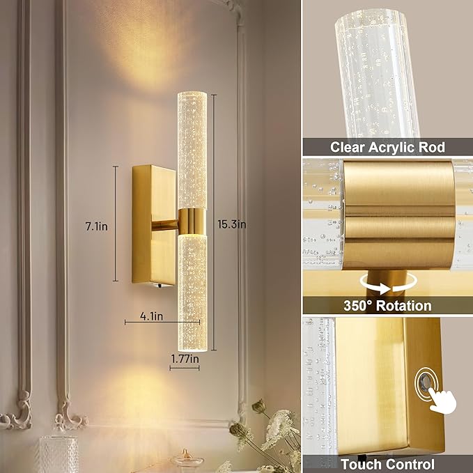 KARTOOSH Gold Rechargeable Wireless Wall Sconce Set of Two, Battery Operated Wall Lights with Remote Control,350°Rotate,3000K/4000K/6000K,Dimmable,Timer,for Living Room,Dining Room,Hallway,15.3 Inch