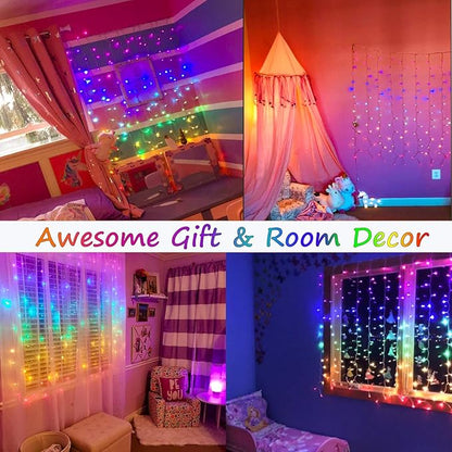 Rainbow Fairy String Curtain Lights with Remote, Twinkle LED Ombre Light Curtain for Girls Room, Kid's Bedroom, Teen Room, Unicorn Theme, Party, Easter Décor Gift (Rainbow)