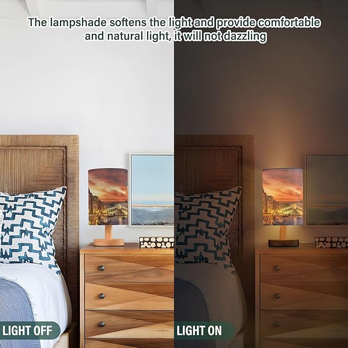 Italy Sunset Venice Cityscape Table Lamp with Wood Base Fabric Lamp Shade Bedside Nightstand Desk Lamp for Living Room Bedroom Kids Room Office
